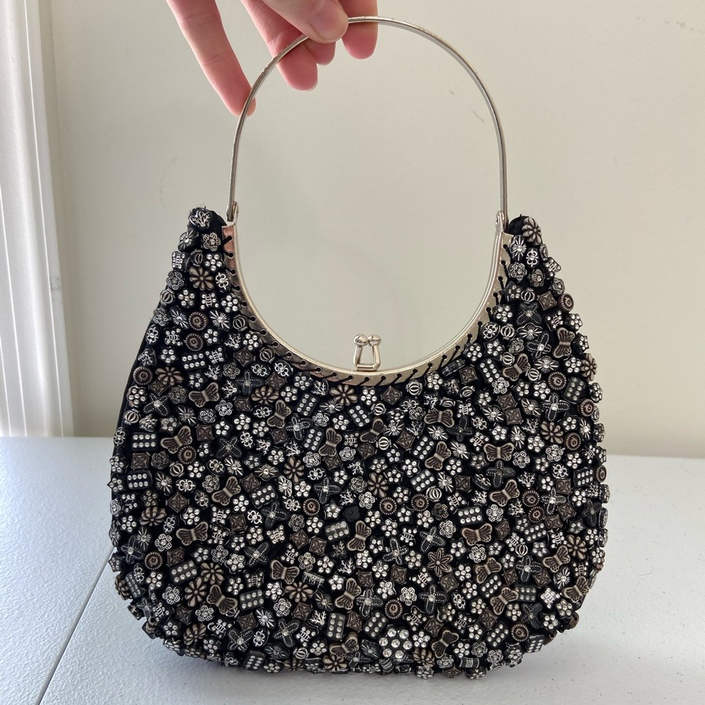 NWOT black silver butterfly‎ floral beaded lined snap small hand bag purse